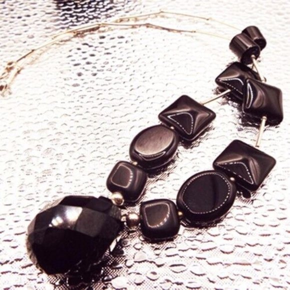 NAVAJO BLACK FACETED POLISHED JET HUGE BRIOLETTE PENDANT SILVER NECKLACE 9 - Picture 1 of 3